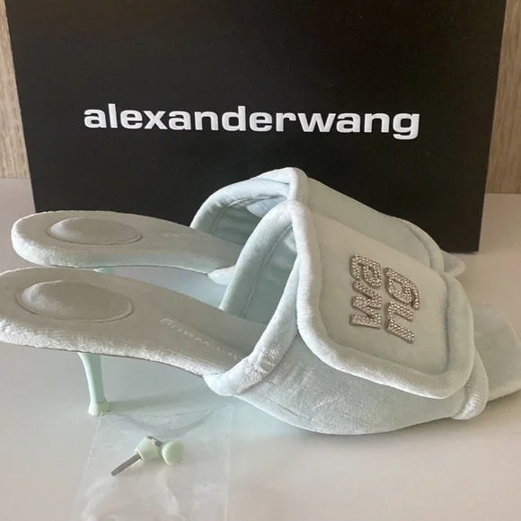 AUTHENTIC ALEXANDER WANG GREEN PADDED CRYSTAL LOGO JESSIE VELOUR HEELED SANDALS - Picture 6 of 8